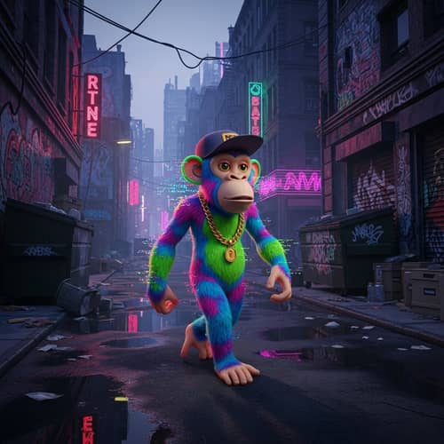 NFT Monkey in Urban Ghetto: Digital Art Stroll
