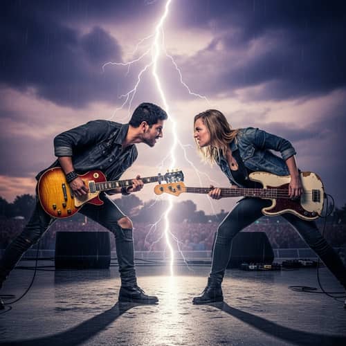 Rock Musicians Rivalry: Intense Exchange with Lightning Strike