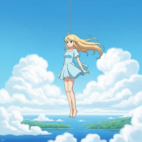 Floating Anime Girl in Blue Dress and Blonde Hair