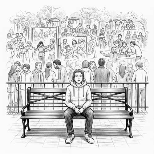 Loneliness in Crowds: Pencil Sketch Depicting Emotional Disconnect