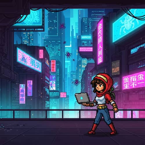 Cyberpunk Cityscape: Digital Bug Infestation | Female Hunter Pixel Art