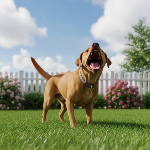 Joyful Labrador Golden Retriever Barking in a Suburban Garden