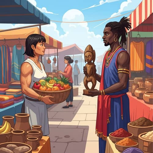 Diverse Barter Scene Illustration in Colorful Market Setting