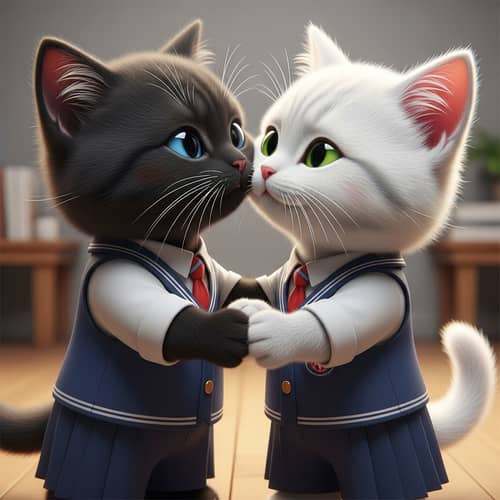 Animated Black and White Cats Kissing - Hyper-Realistic Style
