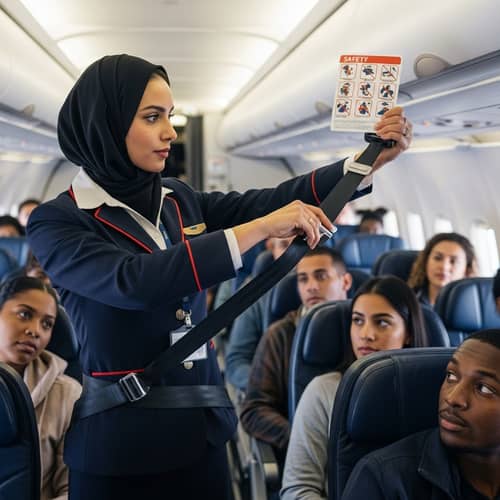 Middle-Eastern Female Flight Attendant Demonstrating Safety Instructions