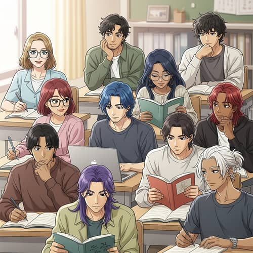 Diverse University Students in Anime-Style Classroom Illustration