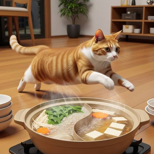 Nimble Orange and White Cat Avoiding Hot Pot