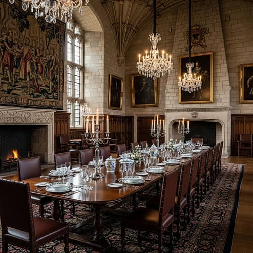 Royal Dining Room in a Castle with Grand Table Setting