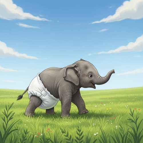 Baby Elephant in Diapers - Playful Cute Animal on Green Meadow