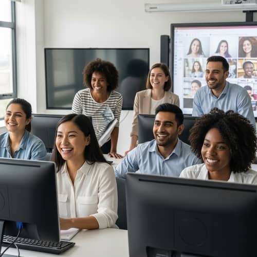 Diverse Teachers Engaged in Online Class in Modern Room