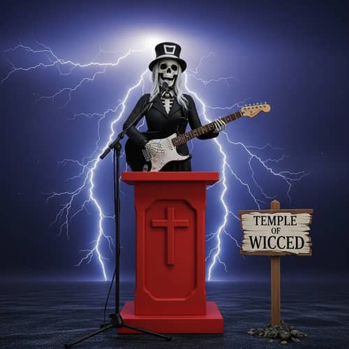Skeleton Preacher at Temple of Wicced - Mystical Red Pulpit Scene