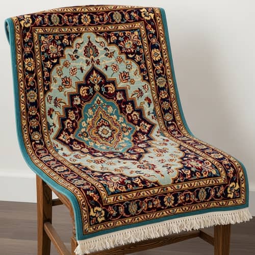 Intricate Silk Rug on Rustic Chair | Vibrant Teal, Burgundy, Gold