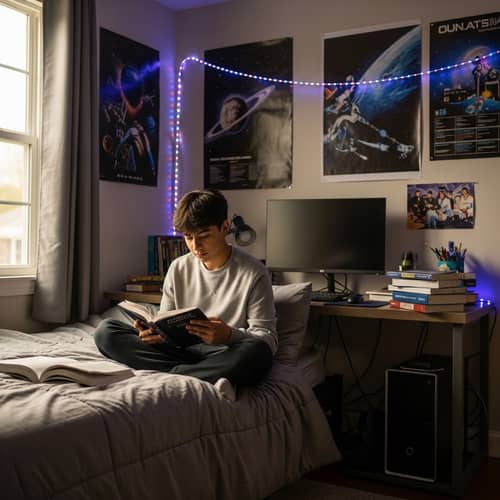 15-Year-Old Hispanic Teen Reading in Bedroom | Space Exploration Theme