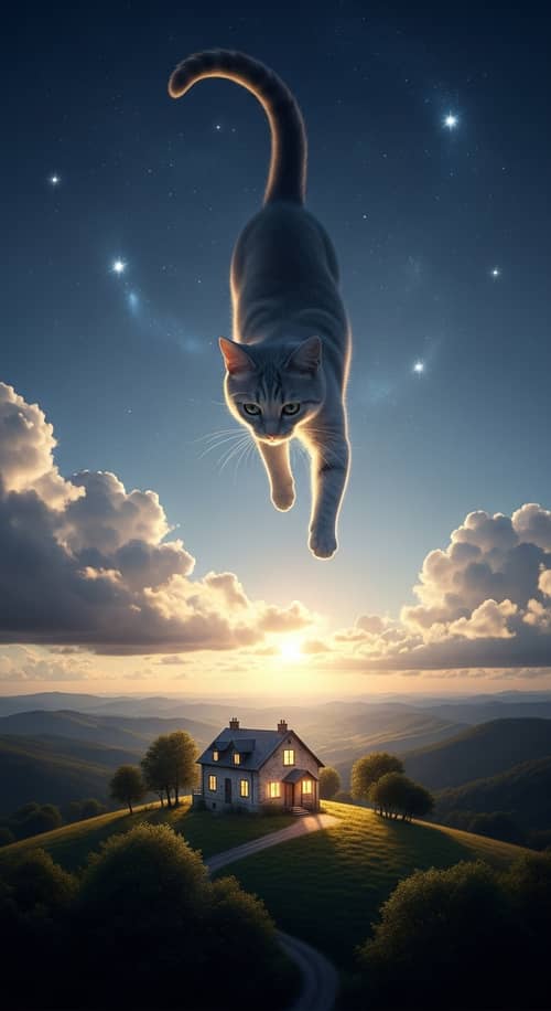 Hyperrealistic Cat Gazing Down at Old Home in Breathtaking Sky Scene