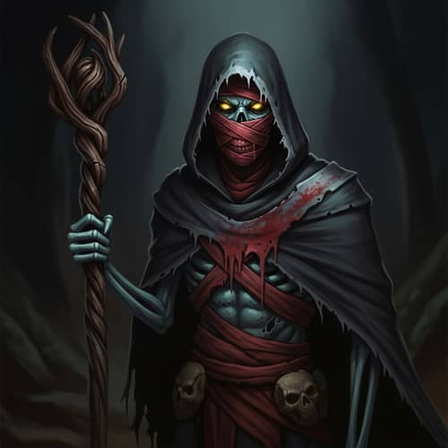 Undead Character with Glowing Yellow Eyes and Twisted Staff