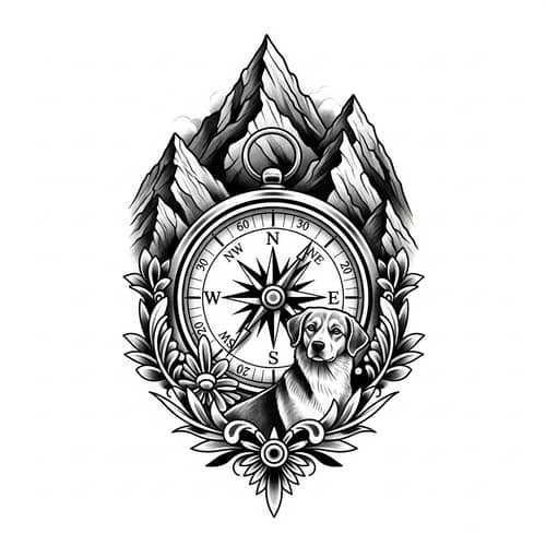 Detailed Compass Tattoo Design with Mountain and Dog Elements