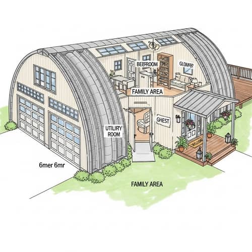 Spacious Single-Story Quonset Hut with Family Area Design