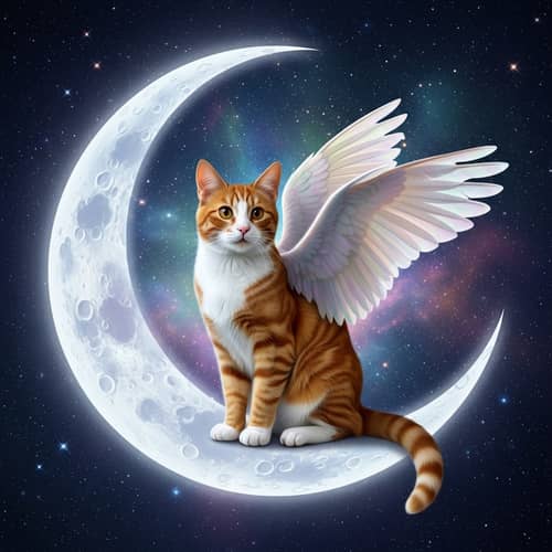 Red & White Cat Sitting on Moon with Two Wings
