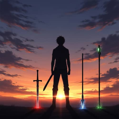 Dark Silhouette of a Male Figure at Sunset with Sword, Spear, and Staff