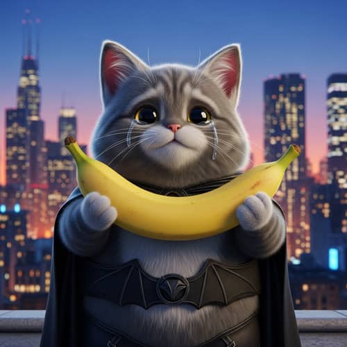 Adorable Kitten in Superhero Costume with Banana