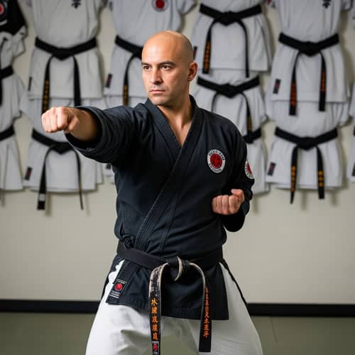 Hispanic Karate Master in Traditional Black Gi | Dojo Stance