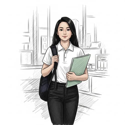 Asian Adolescent Girl Heading to Office in Professional Attire Sketch