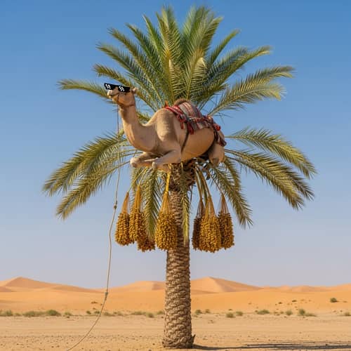 Trendy Sunglasses Wearing Camel on Date Palm | Desert Scene
