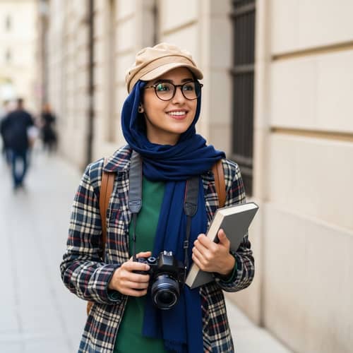 Young Middle-Eastern Woman Strolling with Camera and Book