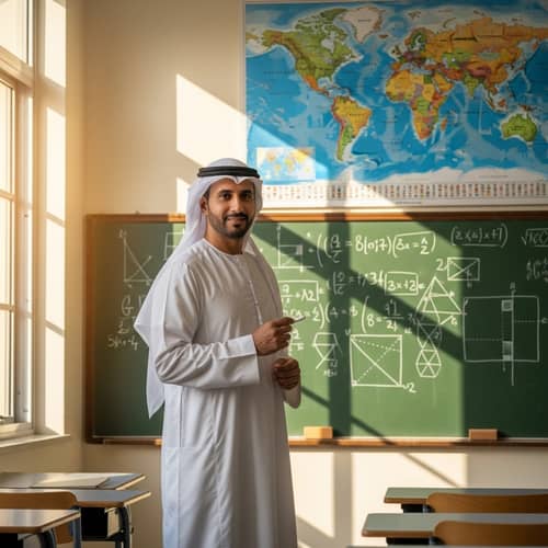 Middle-Eastern Male Teacher Educating in Traditional Saudi Thobe