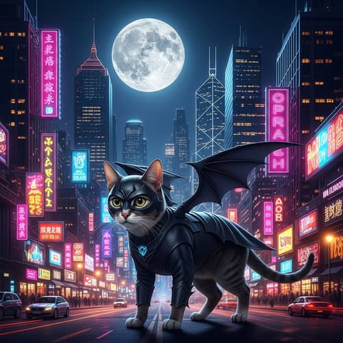 Batman Cat in City: Mysterious Guardian of the Nightscape
