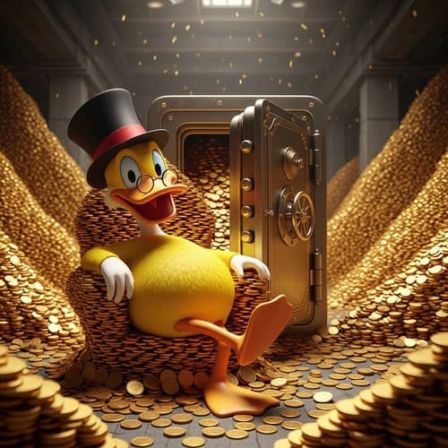 smiling human looking "donald duck" sitting in the middle of huge piles of coins in front of a big safe