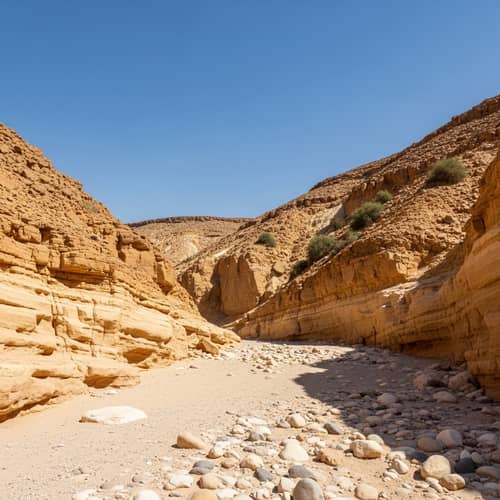 Dry Desert Wadi Ravine - Sand Colored Walls Against Blue Sky Dry Desert Wadi Ravine - Sand Colored Walls Against Blue Sky
