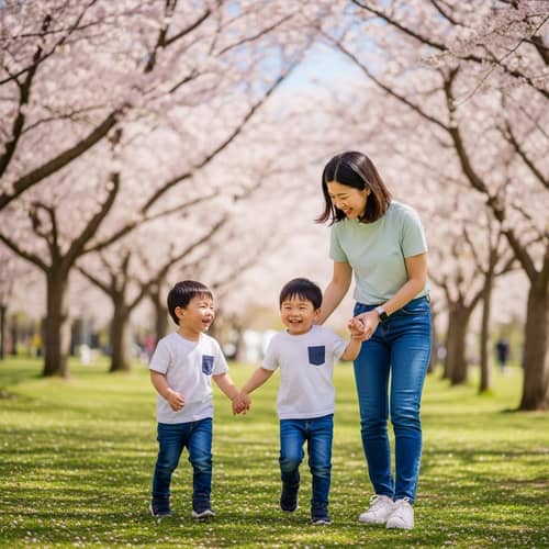 Asian Twin Boys Playing with Mother in Cherry Blossom Park | Happy Family Time