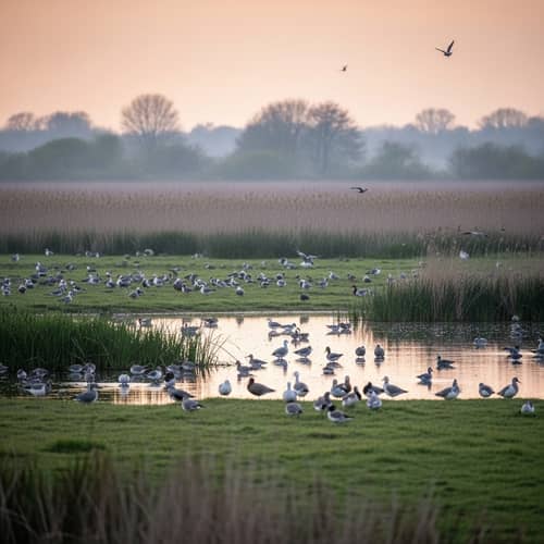 Tranquil Bird Species Settling in Verdant Marshlands | Sunset Serenity