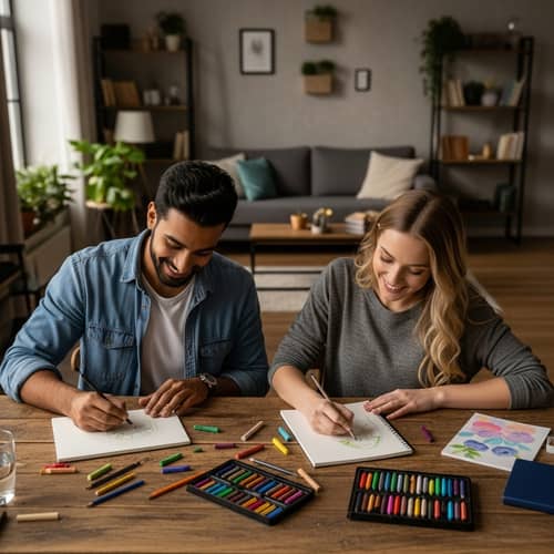 Peaceful Drawing Activity by Diverse Couple at Rustic Table