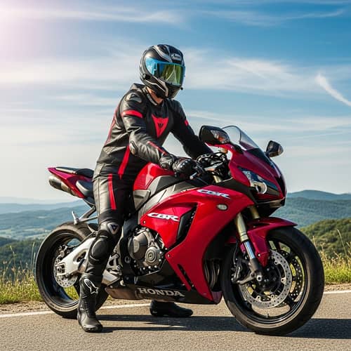 High-End Honda R1 Motorcycle Image | Racing Gear and Scenic Landscape