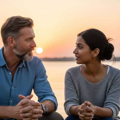 Serene Outdoor Conversation at Sunset: Middle-aged Man & Young Woman
