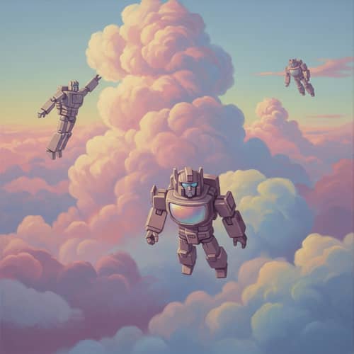 Surreal Pastel Cloud Painting with Transformer Toys