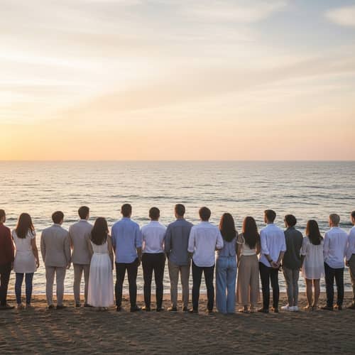 Diverse Group Admiring Sea at Sunset | Tranquil Scene