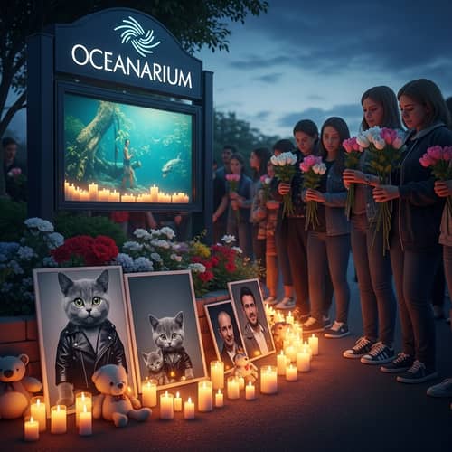 Memorial for Fallen Tourists | Realistic Photo of Grey Cat and Kitten