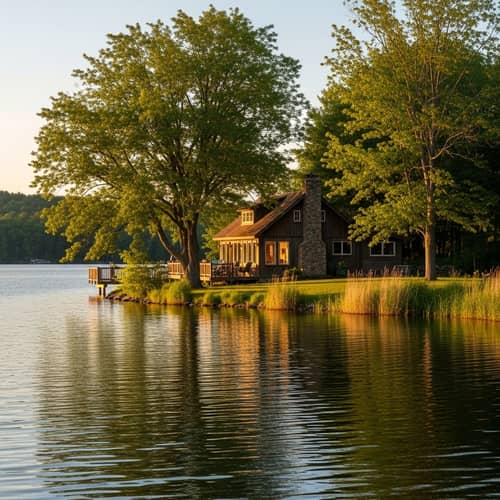 Rustic House by Serene Lake | Tranquil Nature Scene