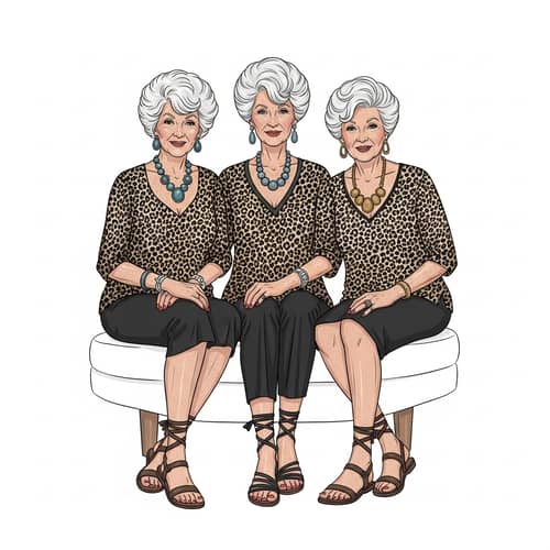 Stylish Mature Ladies in Animal-Print Blouses & Sandals