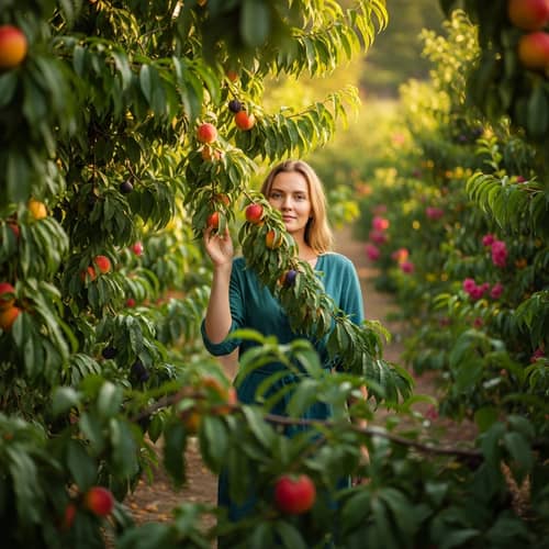 Tranquil Garden Scene with Woman Among Fruit Trees