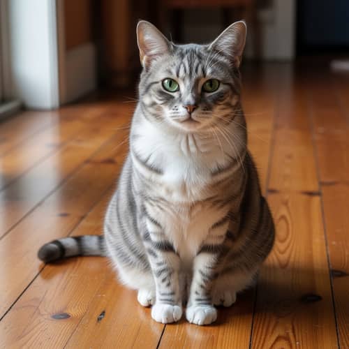 Realistic Portrait of Domestic Cat on Wooden Floor