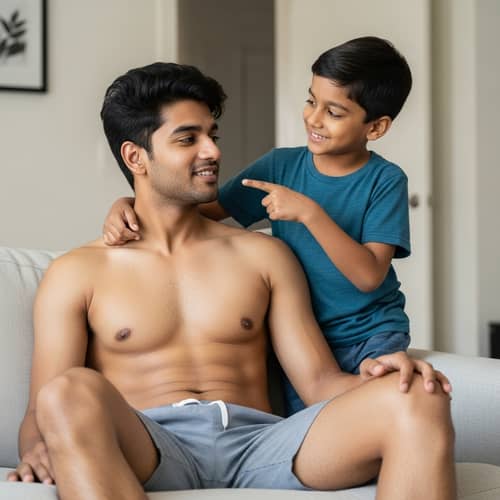 South Asian Young Man in Playful Scene with Brother