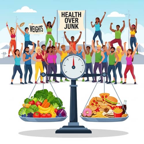 Healthy Weight Loss Scene: Fresh vs. Junk Food and Community Cheer