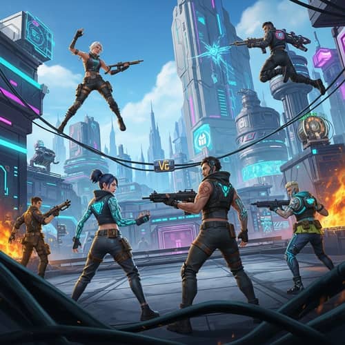 Futuristic Battle Royale Game: Cybernetic Landscape with Diverse Characters