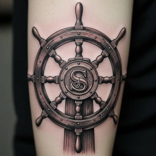 Ship Steering Wheel Tattoo Design with Letter S