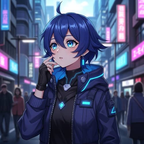 Expressive Anime Character with Blue Hair in Futuristic City