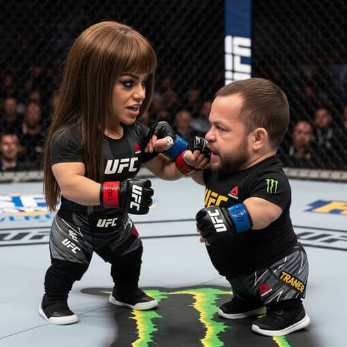 Short Brown-Haired Woman vs Dwarf in UFC Match